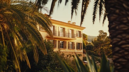 The exterior of a Mediterranean villa in Majorca, framed by palm trees and captured in a warm, vintage film photo style.