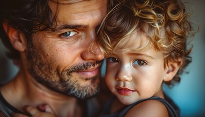 Sticker - Close-up of father cudddling his little son. 