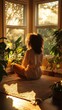 © Narongsak - A woman sits on a rug in a room with plants and sunlight streaming in through the windows. She is in a relaxed and peaceful state