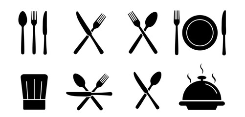 Silverware icons. Fork, knife, plate and spoon. Menu symbol. Black silverware icon. Vector illustration.