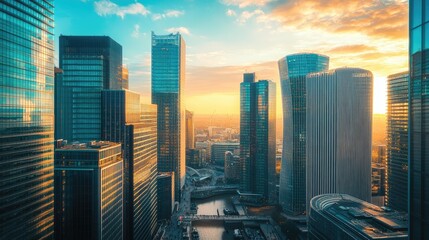 Wall Mural - The modern skyline of Canary Wharf in London, with towering skyscrapers and bustling streets below.