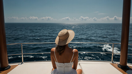 Wall Mural - elegant woman on a yacht looking out at the ocean on a beautiful sunny day