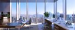 © Muneer - Smart workspace with voice-activated technology in a high-rise office overlooking the city.