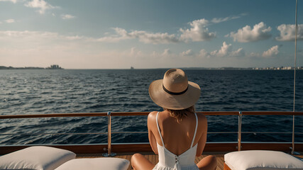 Wall Mural - elegant woman on a yacht looking out at the ocean on a beautiful sunny day