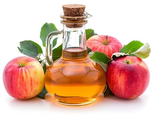 Wall Mural - Fresh apples and a glass jar of apple cider vinegar surrounded by green leaves