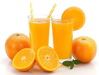 Poster - Freshly squeezed orange juice served in glasses with oranges and mint leaves on a white background