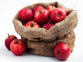 Canvas Print - Fresh red apples in a burlap sack on a white background