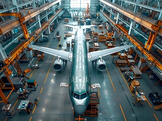 Aircraft assembly process in a large manufacturing facility during daylight