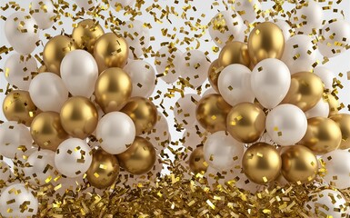 A festive scene with numerous gold and white balloons clustered together.  generative ai