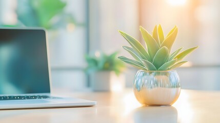 Wall Mural - Green Plant Laptop Office Desk Minimalist Workspace