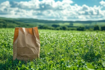 ecofriendly paper grocery bag in lush green field blue sky backdrop environmental conservation concept