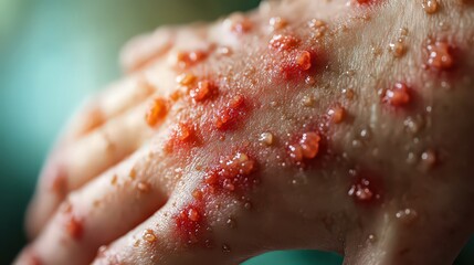 Wall Mural - close-up of a hand with pus-filled sores and irritated skin, revealing a serious bacterial infection.