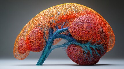 3D Human Liver Anatomy: A detailed 3D depiction of the liver, highlighting lobes, blood vessels, and bile ducts.