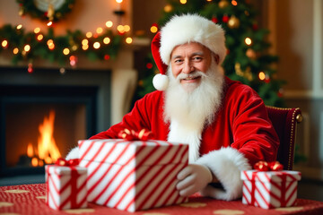 Poster - A man in a santa claus outfit sitting at a table with presents