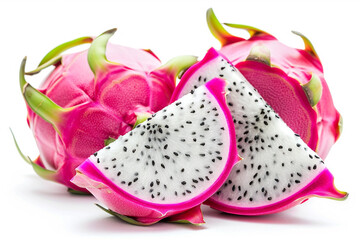 cut dragon fruit with pink skin and white pulp