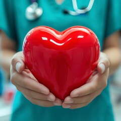 Wall Mural - Nurse with stethoscope, holding red heart on hospital room background. Health Day Concept.