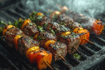 Wall Mural - sizzling mediterranean feast juicy meat and vibrant vegetable skewers sear on a rustic grill smoke rising against a stark white backdrop emphasizing textures and colors