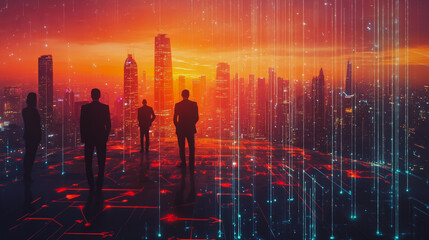 abstract professional business team people connection of line from nail node to node on Smart digital cityscap and skyline background , Innovation networking concept