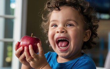 A cute boy wearing red t shirt and holding an apple in their hand . Generative ai.