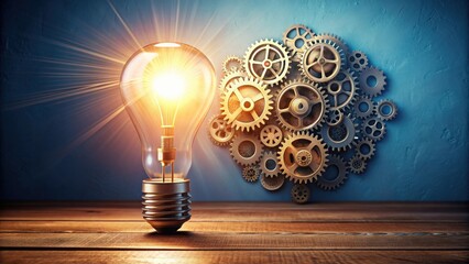 Abstract concept of idea generation with light bulb and gears, innovation, creativity, brainstorming, solution