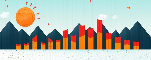 Abstract graphic illustration of bar graph with sun and clouds