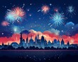 © NeeArtwork - Cityscape background with fireworks, flat design, top view, festive theme, cartoon drawing, vivid