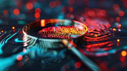 A magnifying glass focused on a fingerprint scan, illustrating biometric authentication as part of password recovery and cybersecurity strategies.