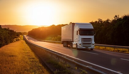 A big truck drives down a highway in the countryside as the sun sets, casting a warm glow over the scene.