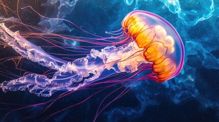 Wall Mural - A vividly colored jellyfish drifts serenely through the twilight sea, its tendrils gracefully trailing behind, highlighting the delicate beauty and vibrant hues of marine life.