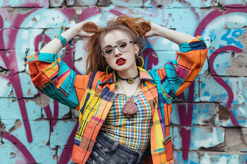 Teenage girl in a trendy, vibrant outfit with quirky accessories, posing playfully against a graffiti-covered wall, capturing urban youth fashion.