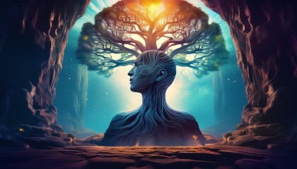 A human head emerges from a mystical tree in a cave. The image symbolizes the power of the mind and imagination. It evokes feelings of freedom and hope amidst a surreal, dreamlike landscape.