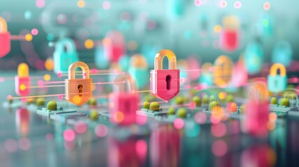 Wall Mural - a conceptual image illustrating cybersecurity measures, with digital locks and shield icons superimp