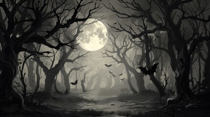 Wall Mural - a spooky halloween background with a dark, eerie forest, twisted trees casting long shadows, a full 