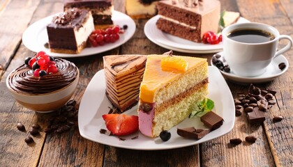 Variety of delicious slice of cake with coffee for breakfast