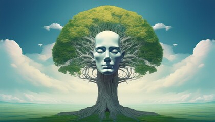 A tree with a human-like head represents the concept of thinking and liberation. It symbolizes the connection between nature and spirituality, inviting us to imagine a surreal and dreamlike landscape.