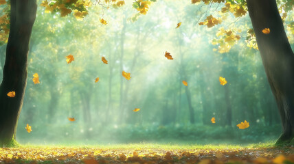 Wall Mural - golden autumn leaves falling in a sunlit forest, copy space