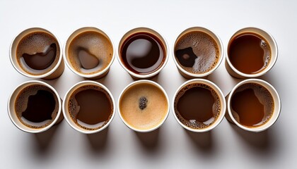 Assortment of black coffee in disposable paper cups against white background, seen from above