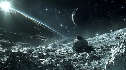 A dynamic asteroid field with large and small rocks, illuminated by distant starlight, seen from a nearby moon, ethereal glow and shadows, highlighting the rugged and expansive beauty of space.