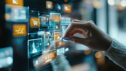 A hand is touching a screen with a shopping cart icon