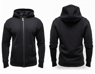 Black men's hoodie with zipper is shown from the front and back on a white background. It is a blank template.