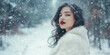 © BetterPhoto - A woman in a white fur coat and bright red lipstick standing in the snow, with soft snowfall creating a magical winter atmosphere.