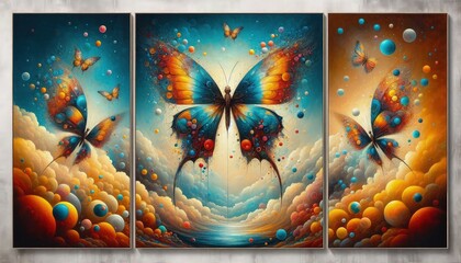 Wall Mural - Modern Triptych Art. Surrealist depictions of butterflies with imaginative and dreamlike qualities. Surrealism, Oil painting, Ultra HD