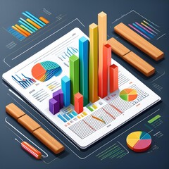 Sticker - Business report shows charts and graphs about a company's finances. The report uses colorful wooden pieces to represent different parts of the company's financial performance.