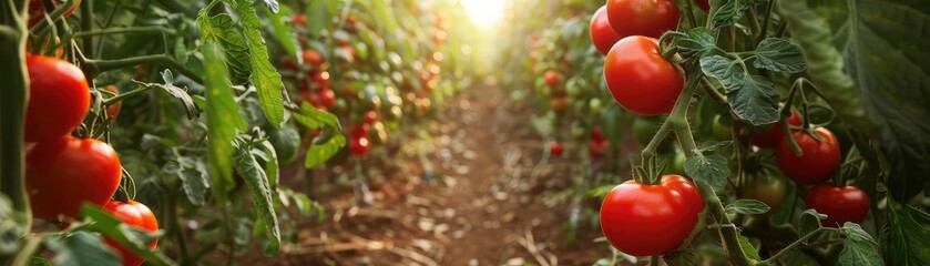 Ripe red tomatoes growing on vine in a greenhouse.