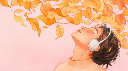 A serene illustration of a person enjoying music while surrounded by floating autumn leaves, evoking feelings of peace and nostalgia. watercolor Style.