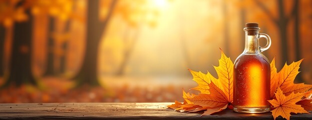 Wall Mural - Maple syrup bottle with golden warmth amid autumn leaves against sunlit forest background with copy space