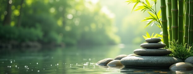 Serene Zen Garden with Stacked Stones and Bamboo Against Misty Water Background with Copy Space