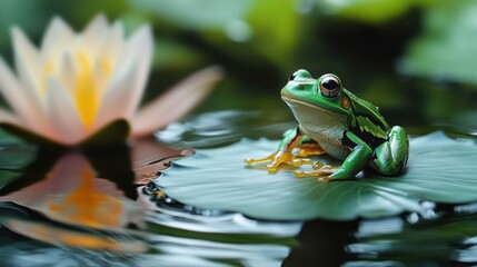 Vivid green frog sitting peacefully on a lily pad in a tranquil pond surrounded by lush aquatic plants and soft ripples on the water surface.