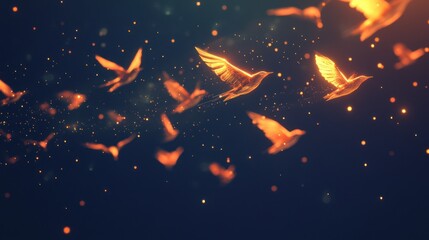 Wall Mural - Golden Birds Flying in a Night Sky with Stars