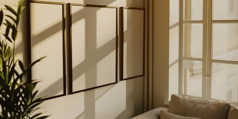 Neutral beige wall with three empty frames set for wall art mockup. Monochrome boho room with minimalist vase sofa and neutral decor. 